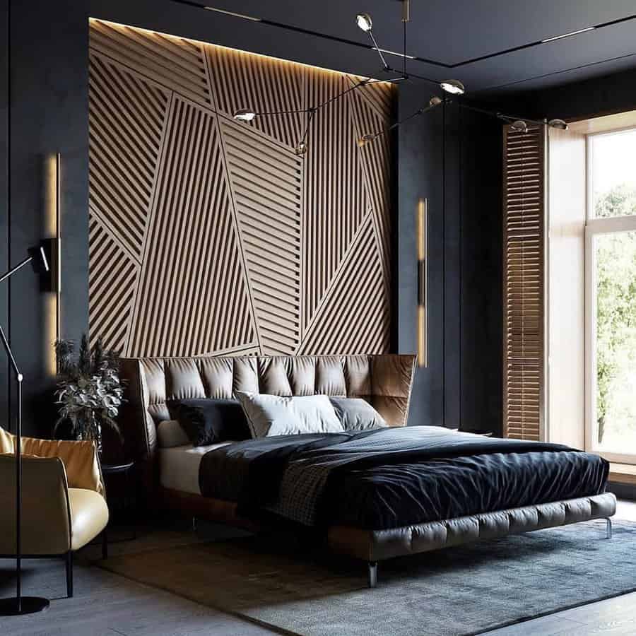 Luxury bedroom with dark tones and geometric wall art