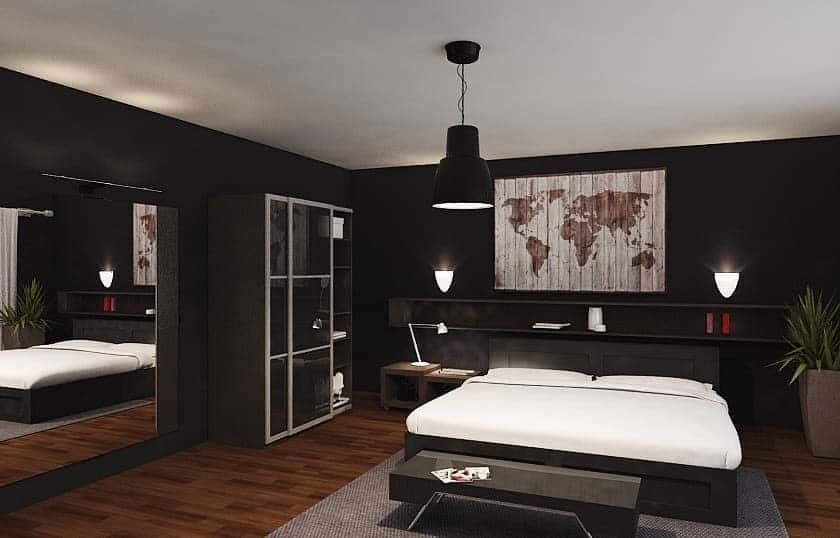 Modern bedroom with black walls and mirrored wardrobe