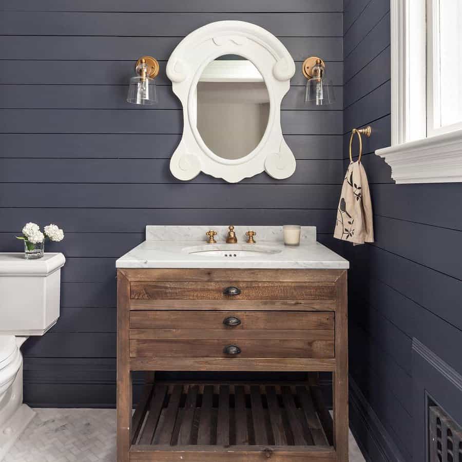 Dark blue bathroom design