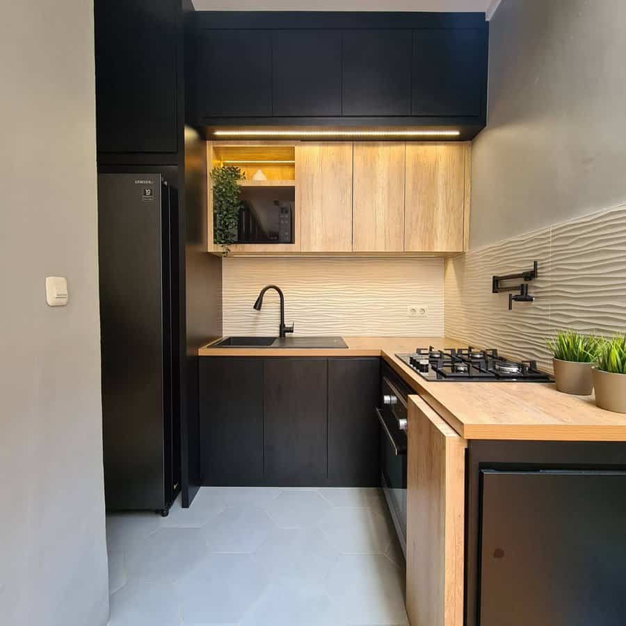 Contemporary kitchen with wood accents and textured backsplash