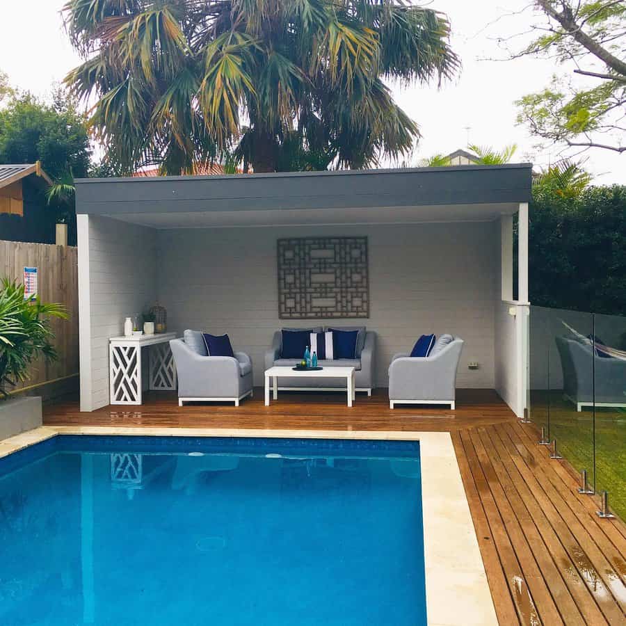 Poolside cabana with modern furniture