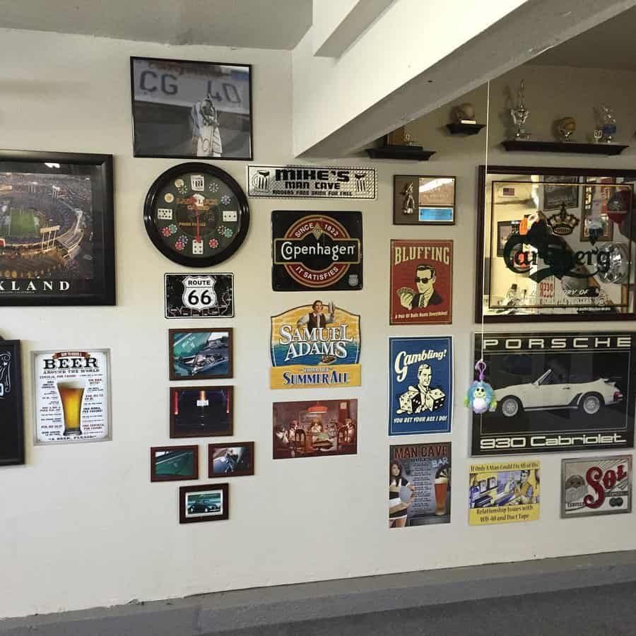 Garage wall adorned with varied nostalgic signs and plaques