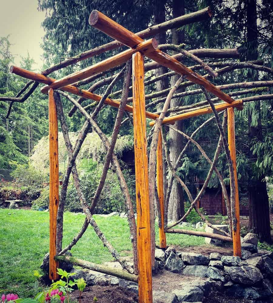 Rustic wooden trellis in a garden setting