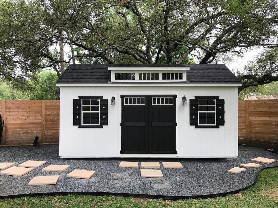 Garden shed with stone paths