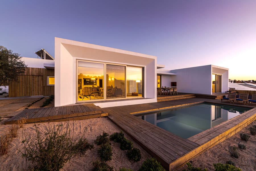 Sleek pool cabana at sunset