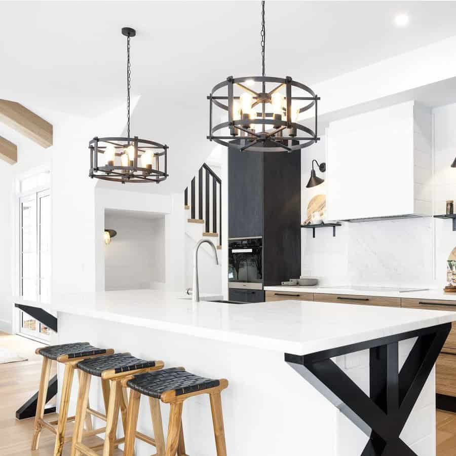 Modern kitchen with cage chandeliers