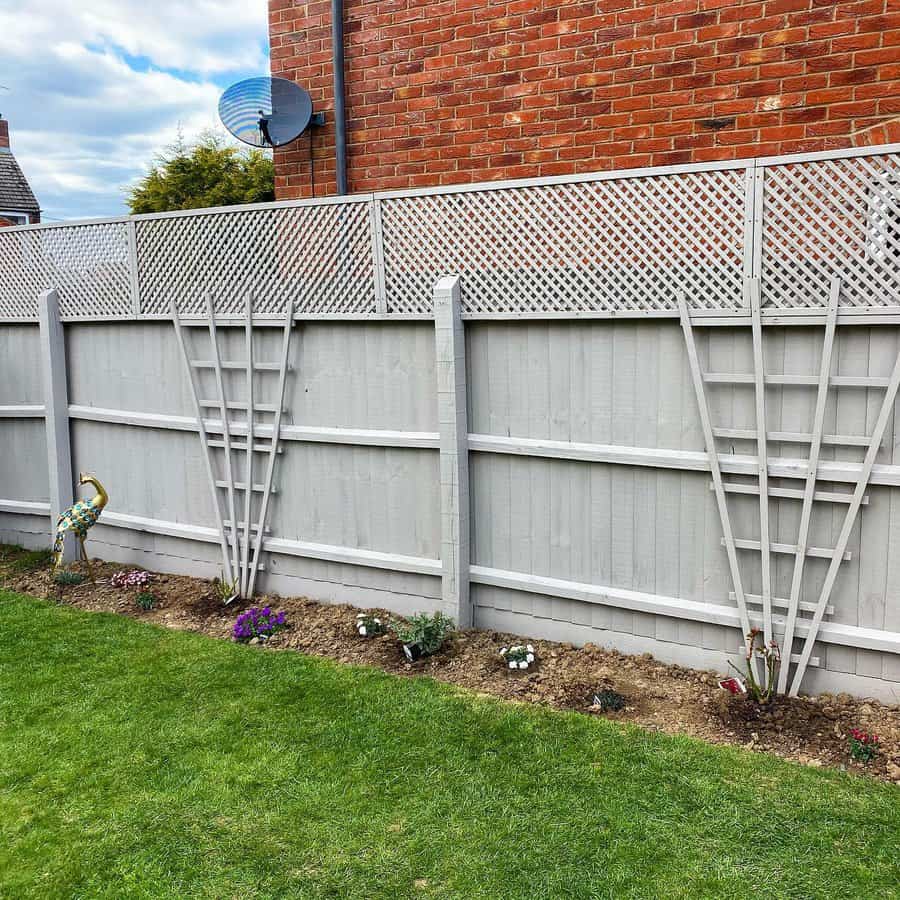 White fence with diamond-patterned trellis and young plants