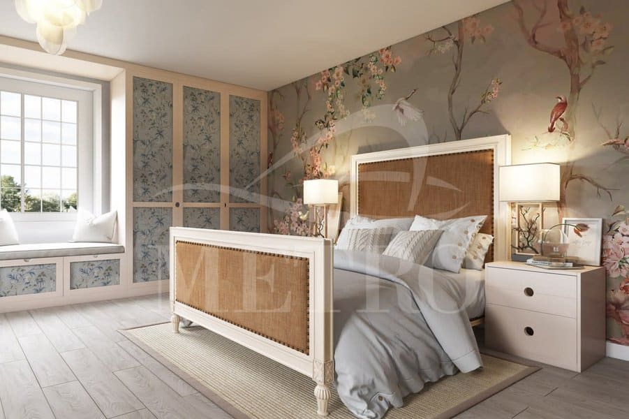 Artistic bedroom with floral wallpaper and window view