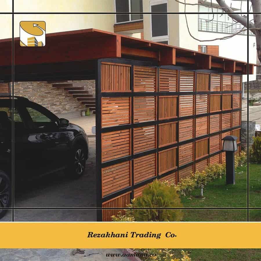 Modern carport with wooden slat walls and upper deck