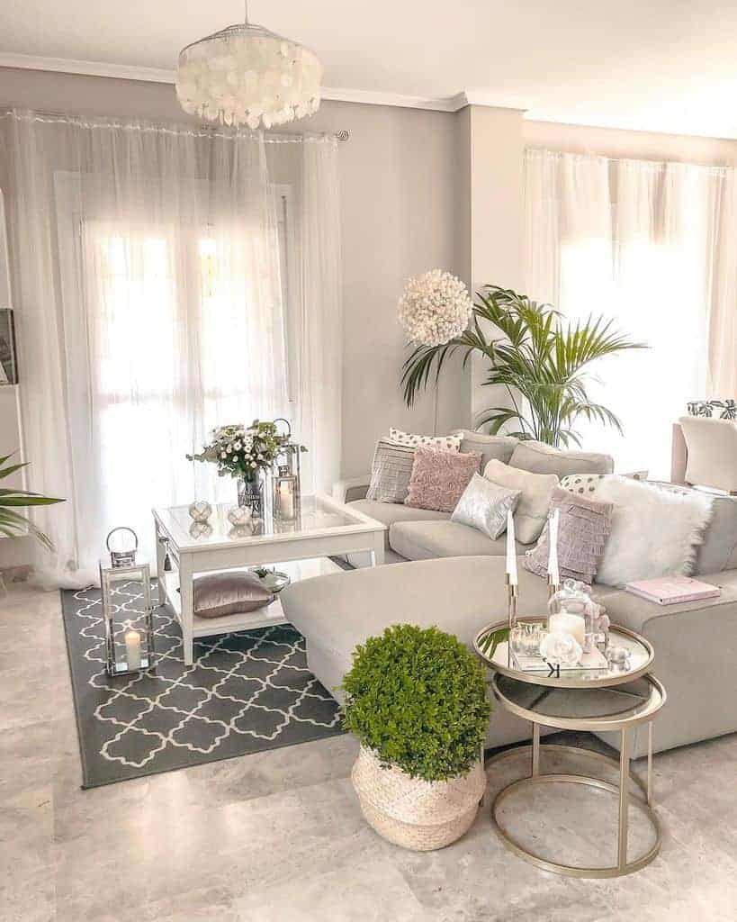 white living room with sheer curtain