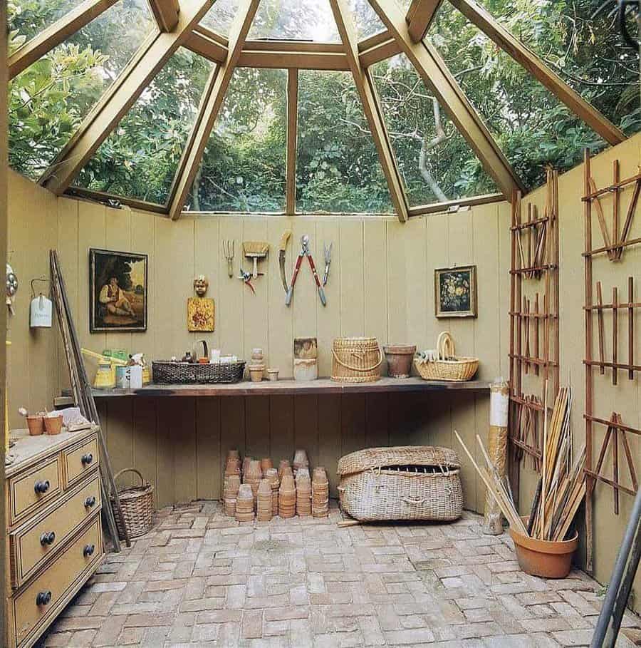 Garden shed interior with tools and skylight