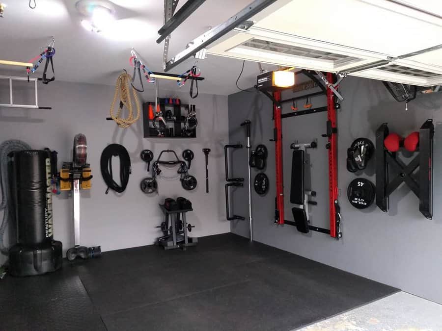 Home garage gym with various exercise equipment