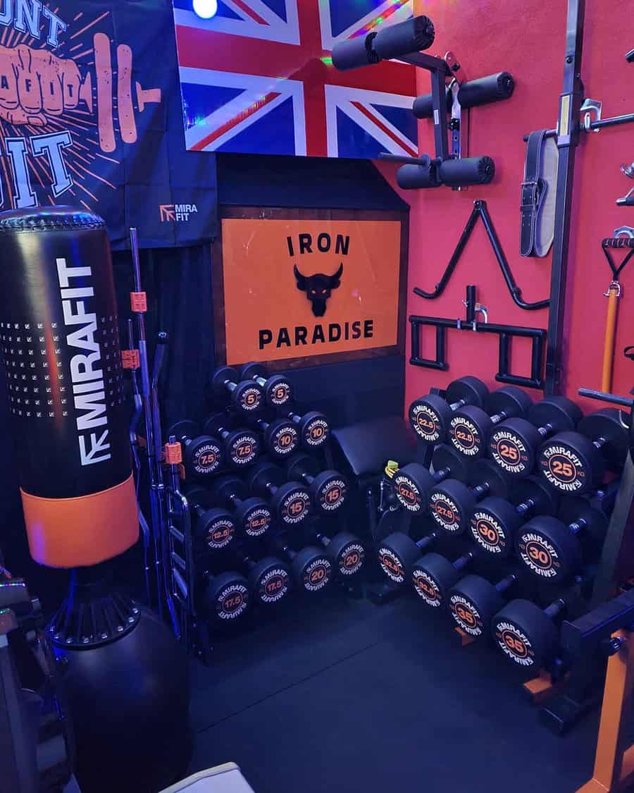 Vibrant home garage gym with British flag and neon lights