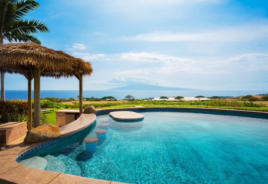 Ocean view infinity pool with thatched gazebo