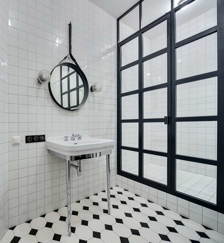 Industrial white bathroom with black touches