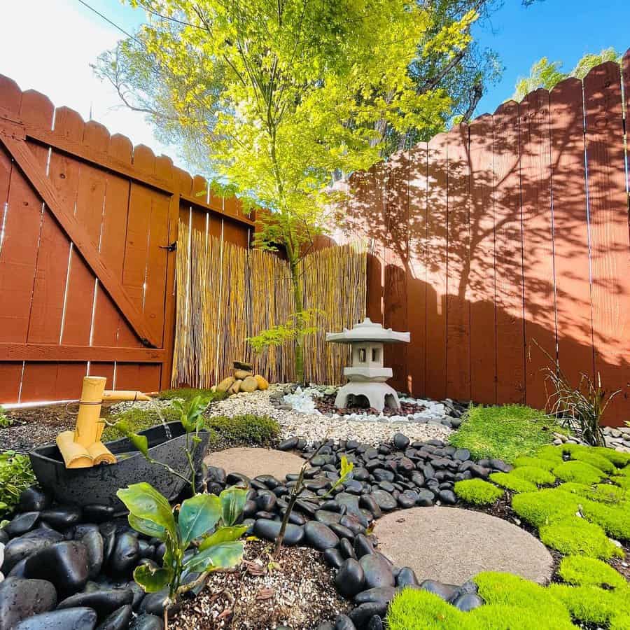 zen garden with evergreens