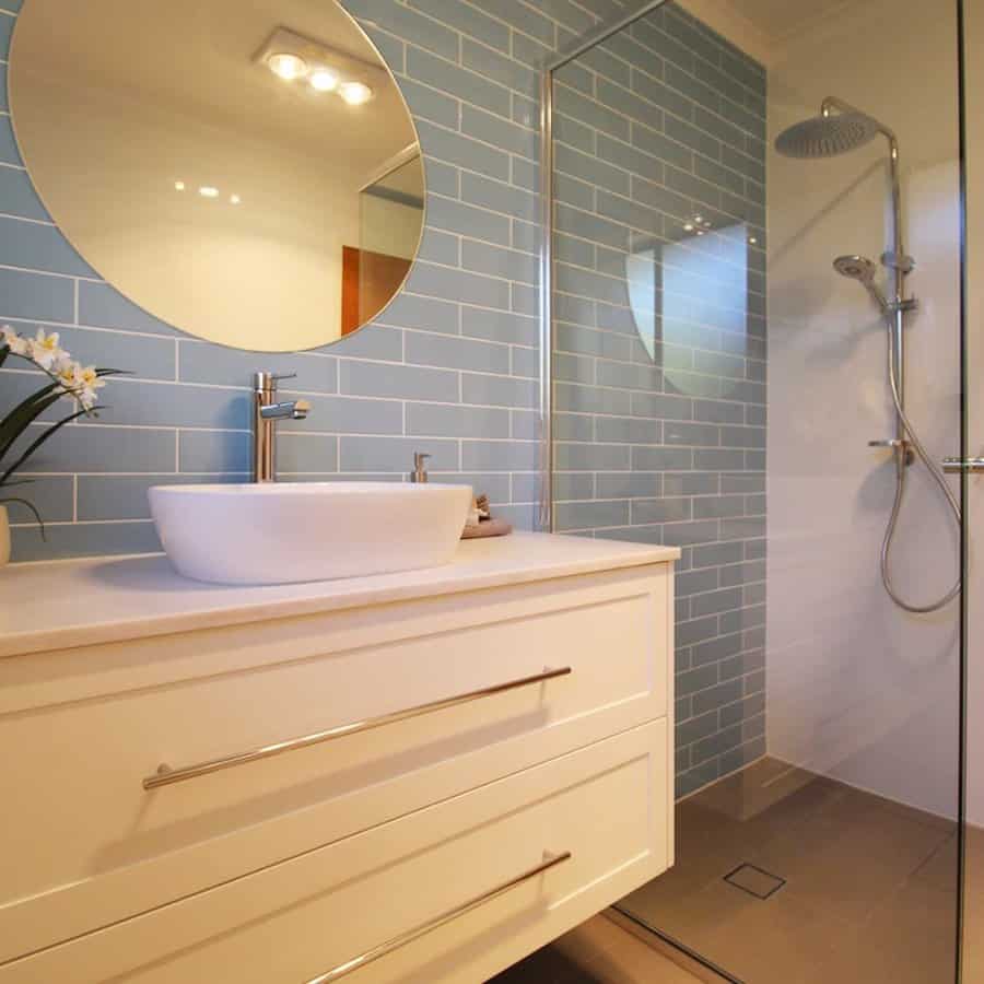 Soft pale blue bathroom design