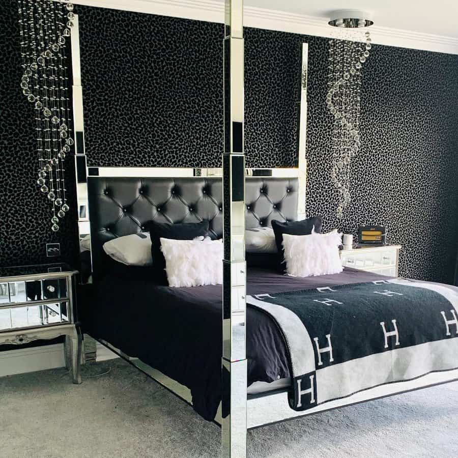 Elegant black and silver bedroom with mirrored decor