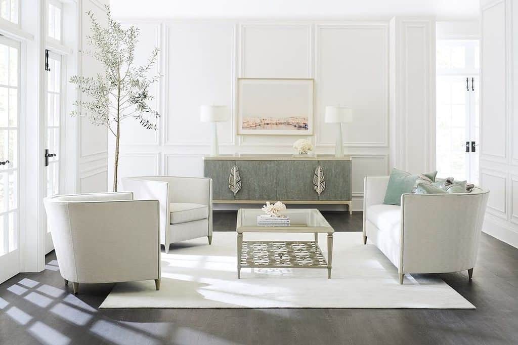 Elegant white living room with white rug