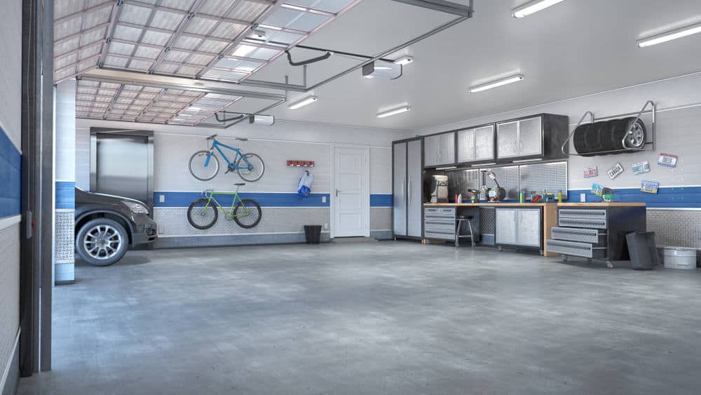 Spacious garage with a car and bike rack