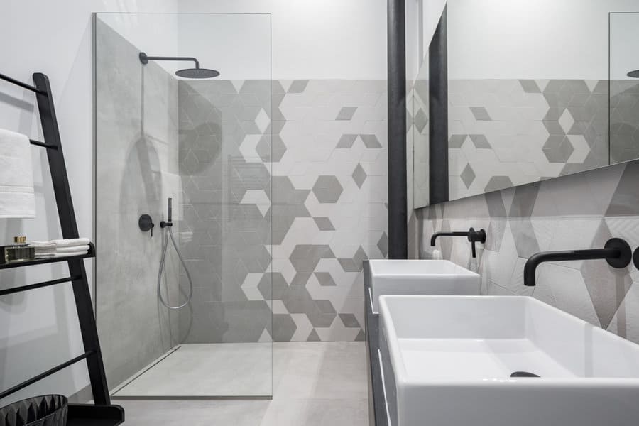 black and white bathroom with grey accent wall