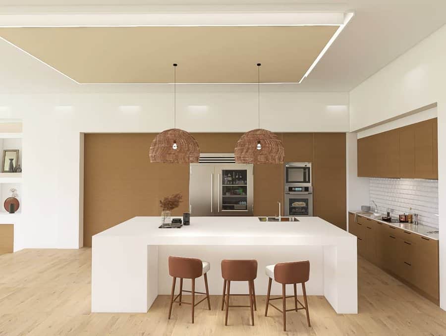 Modern kitchen with wicker pendant lights and neutral palette