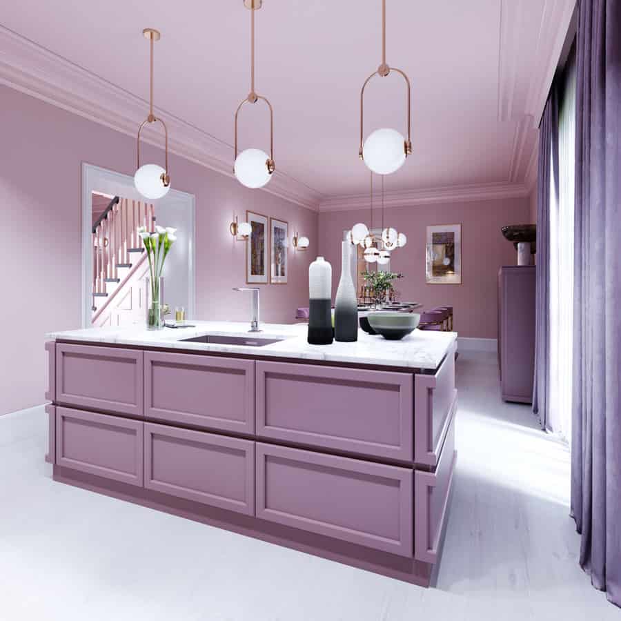 Chic kitchen with lavender cabinetry and gold accents