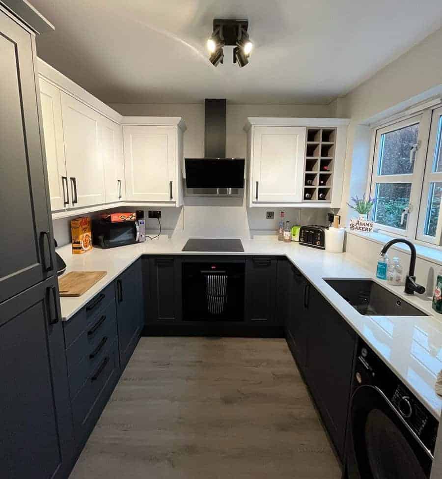 Sleek kitchen with white upper cabinets and black lowers