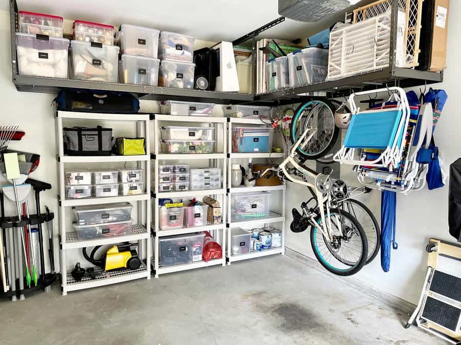 Neatly organized garage with shelving and hanging bike