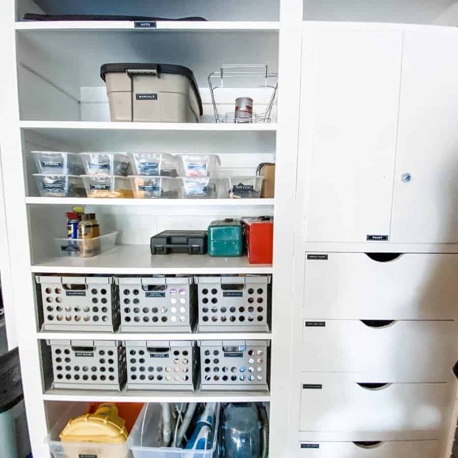 Well organized garage storage with labeled bins