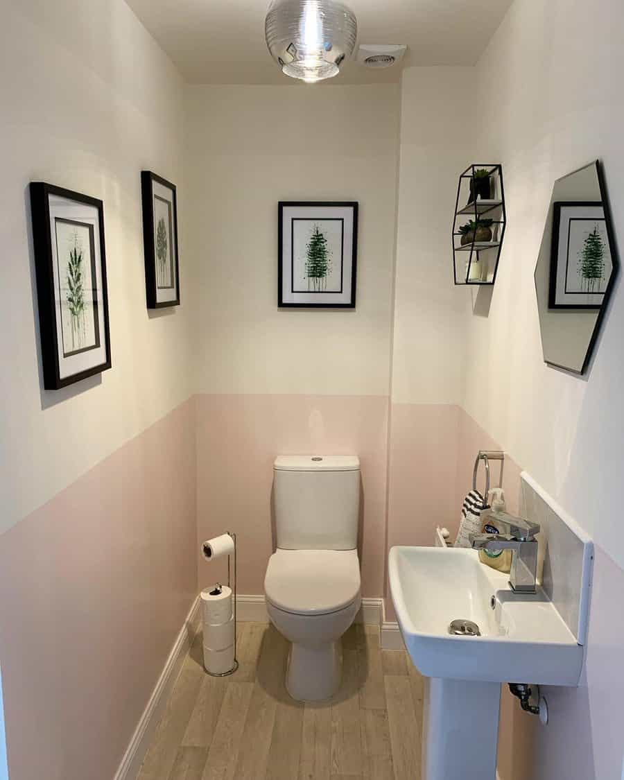 Small bathroom with half pink walls