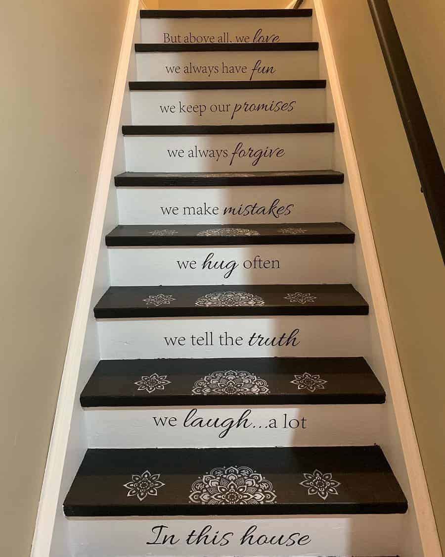 Monochrome stairway with contrasting steps featuring phrases