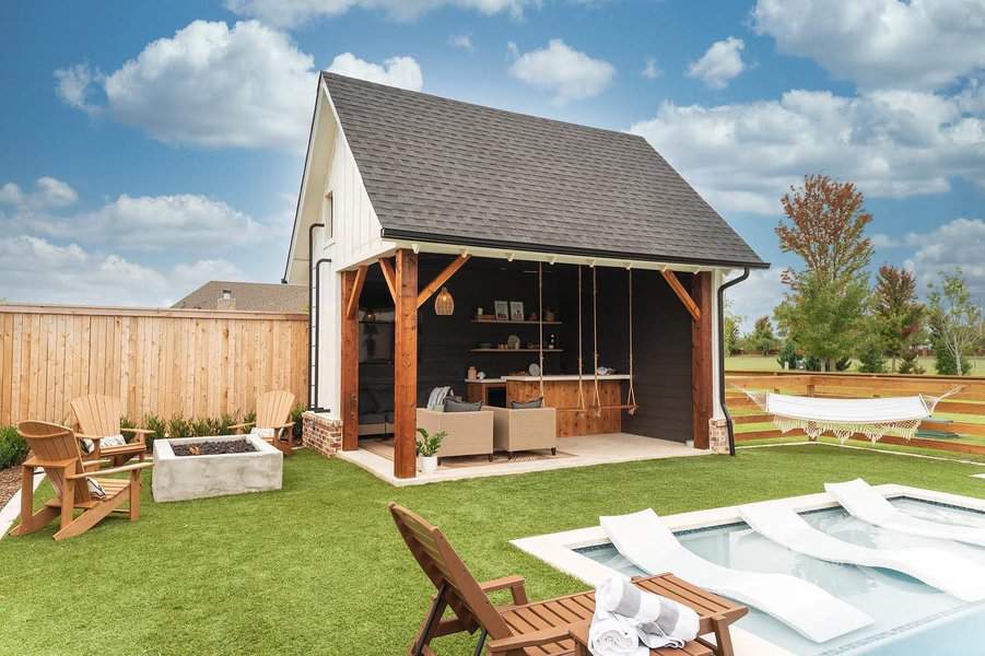 Rustic pool cabana with vintage signs