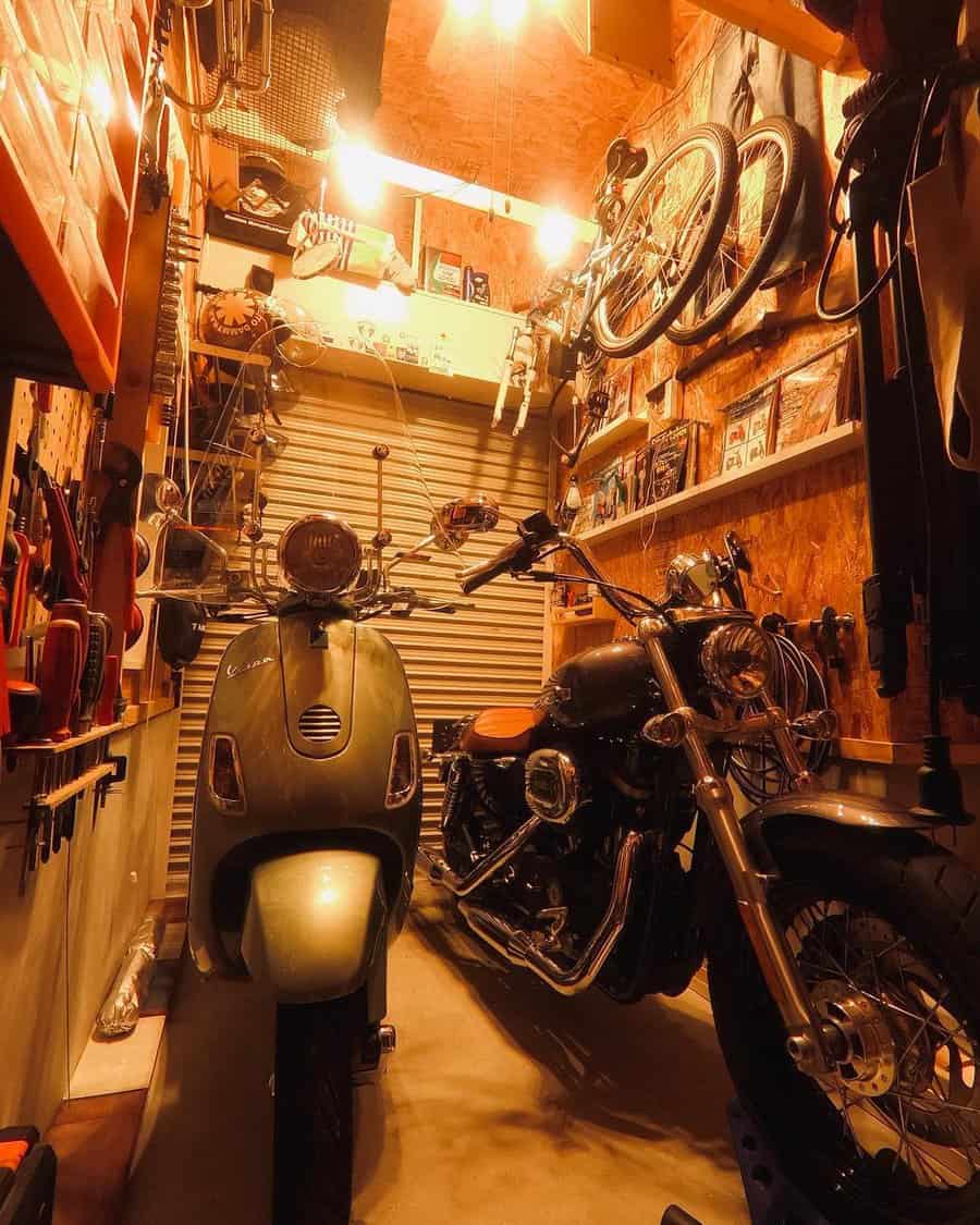 Motorcycle parked in narrow garage with wall mounted shelves