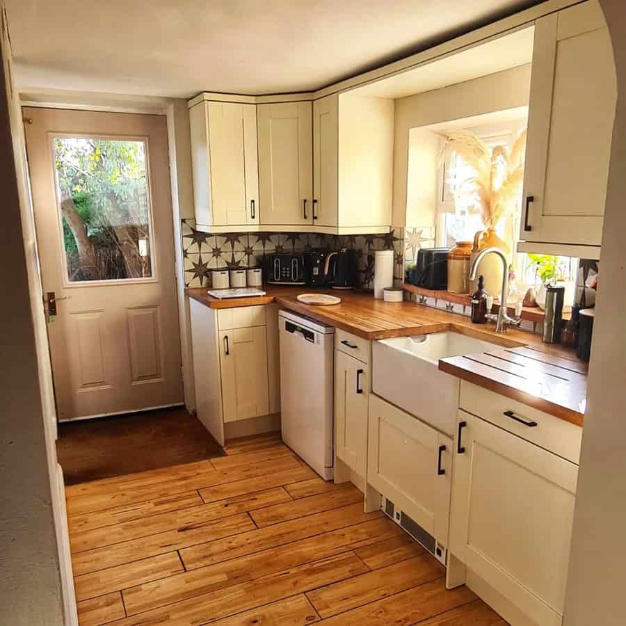 small kitchen with a wooden countertop
