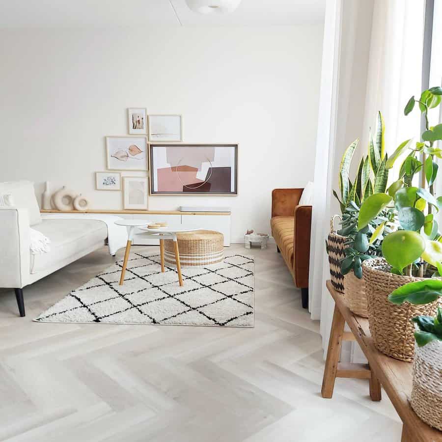 White living room with a Scandinavian rug