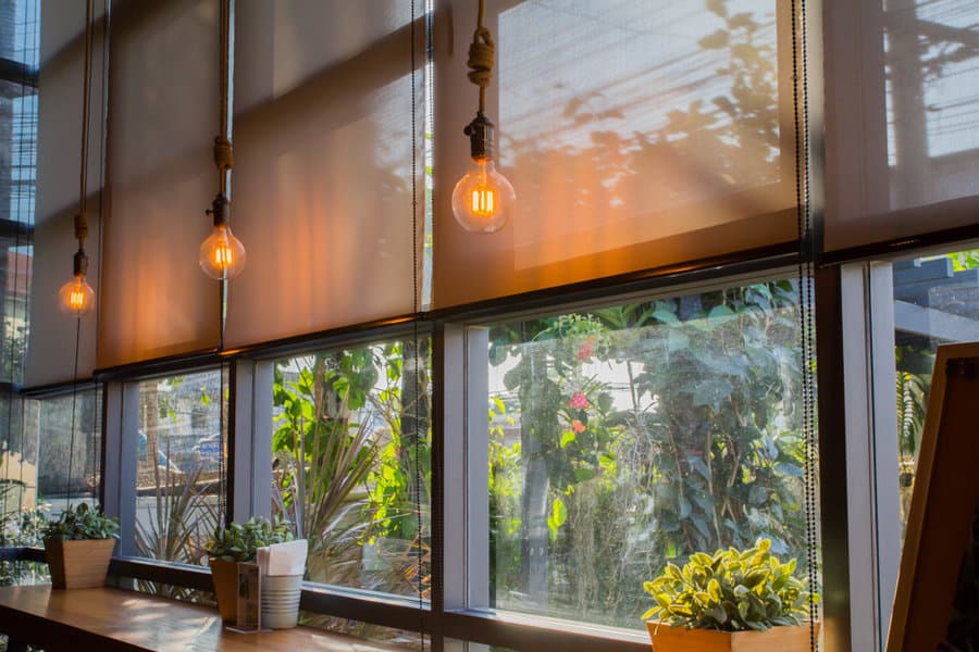 Warm lit cafe with roll up shades and greenery