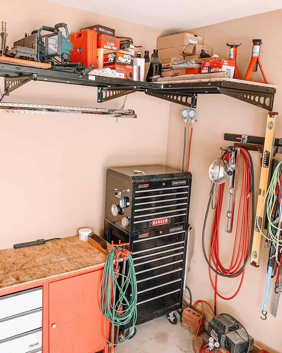 Wall mounted shelves on a garage