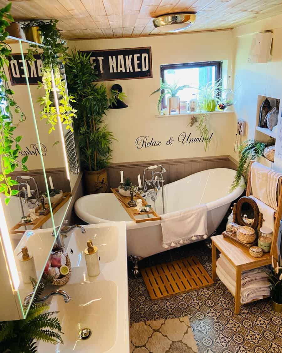 maximalist small bathroom with plants 