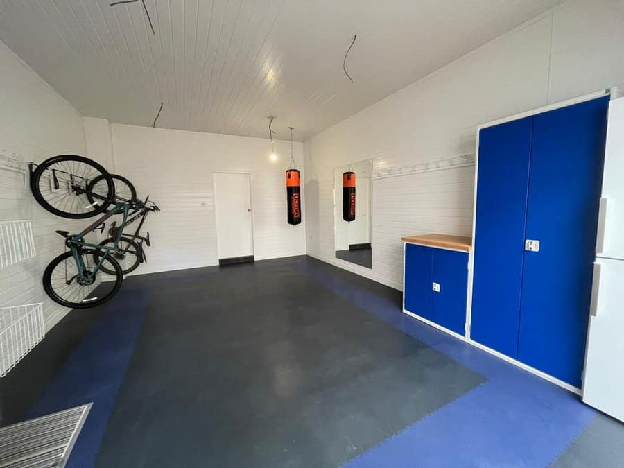 Blue cabinet garage with bike racks