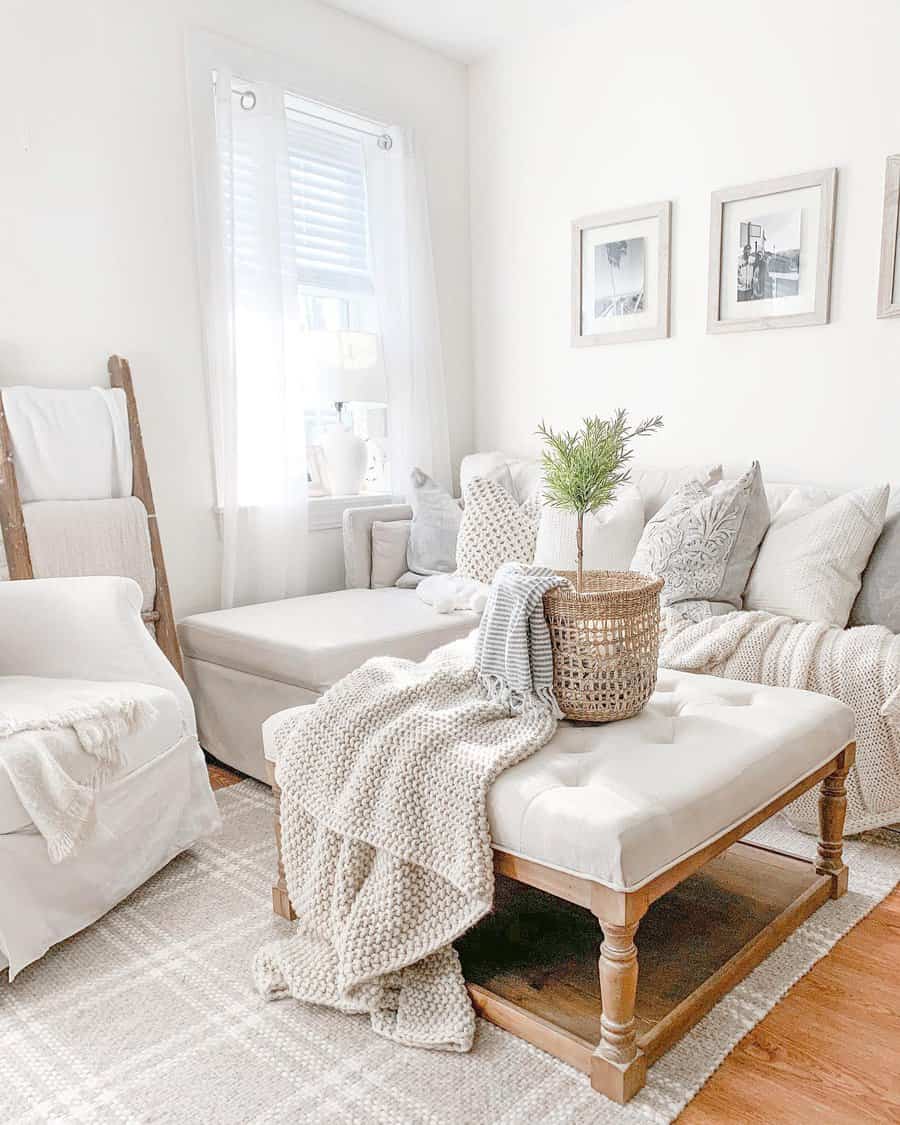 white living room with blankets and throw pillows