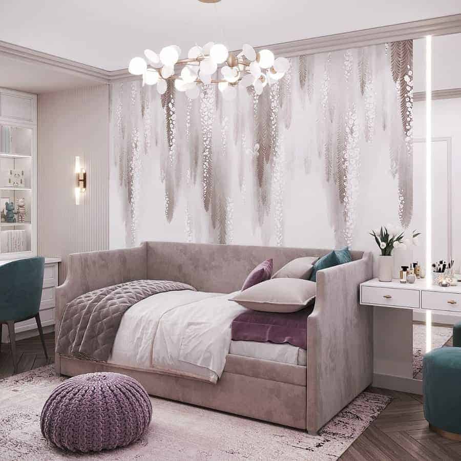 Stylish teen's bedroom with velvet bed and modern lighting