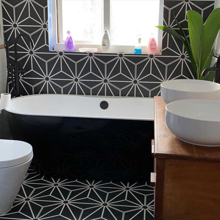 small bathroom with printed tiles 