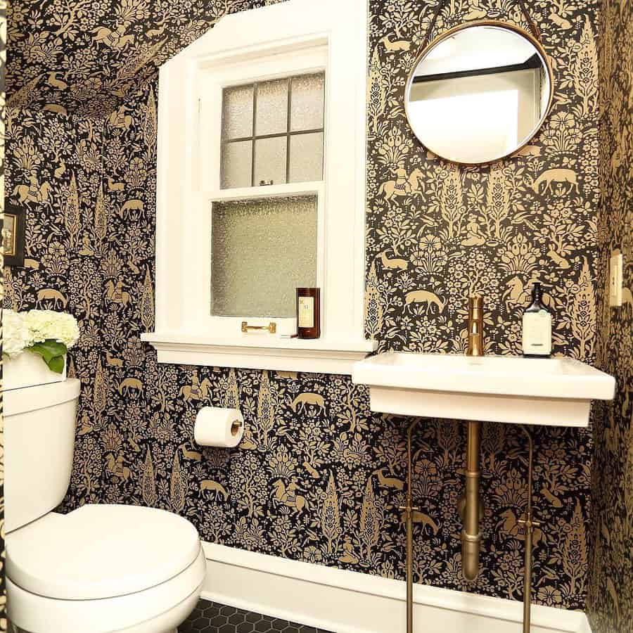 small bathroom with printed wallpaper