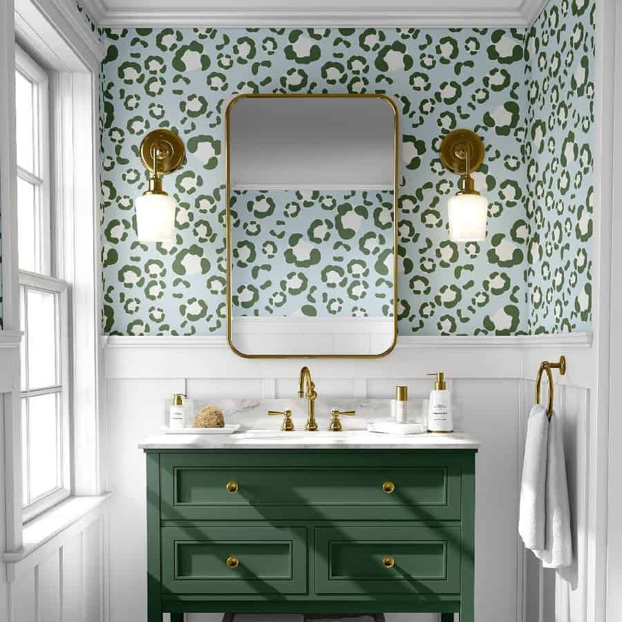 small bathroom with leopard wallpaper