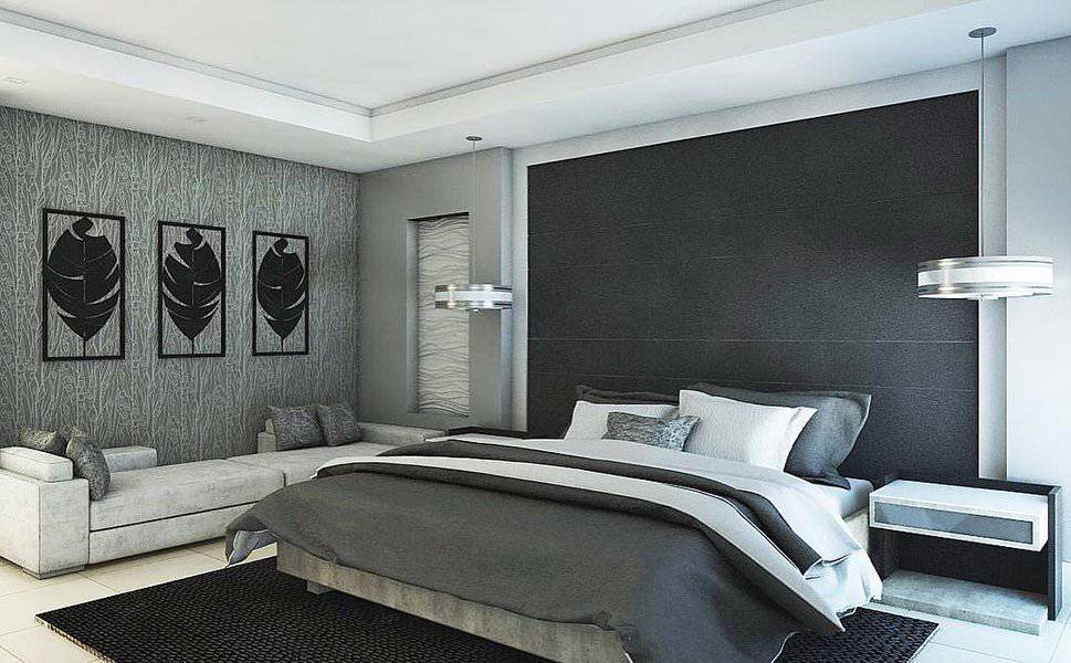 Contemporary bedroom with black feature wall and art decor