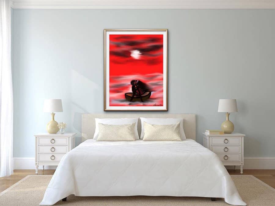 Serene bedroom with light blue walls and vibrant red artwork