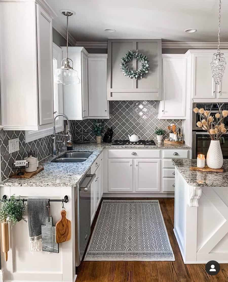 small kitchen with boho rug