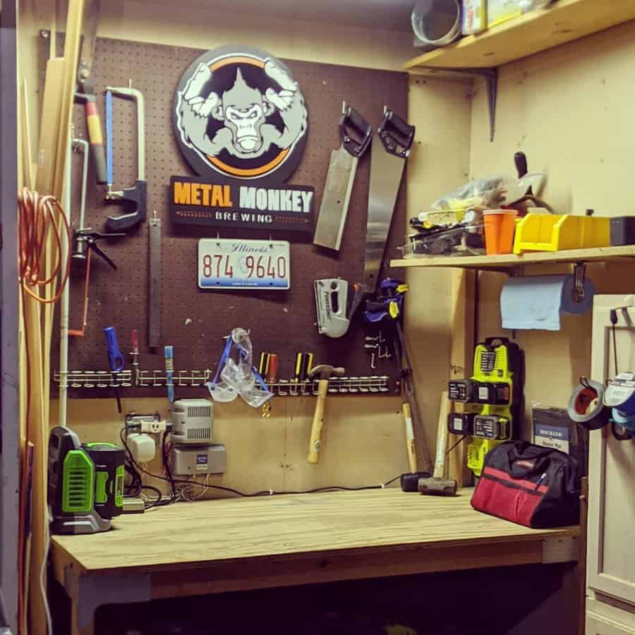 A workbench with various tools and equipment neatly arranged