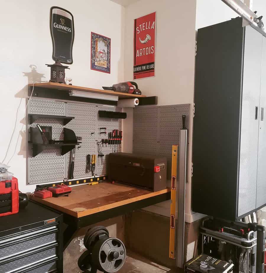 A workbench with various tools and equipment neatly arranged